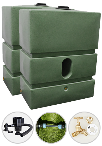 2 x 1200L Green Marble Water Butt - Tap Kit, Diverter & Connection Kit