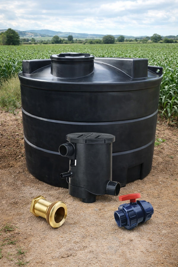 10000 litre agricultural rainwater harvesting system with system parts in a corn field