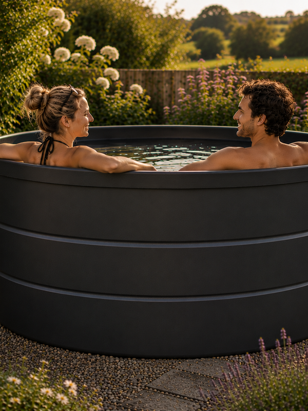 Two people relaxing in a large round outdoor stock tank in a garden setting at sunset.