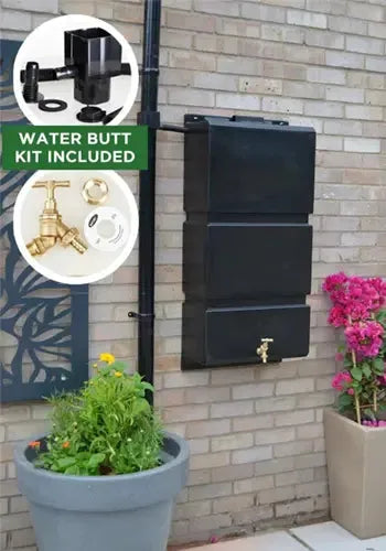 100 Litre Wall Mounted Water Butt with Tap & Diverter - Black
