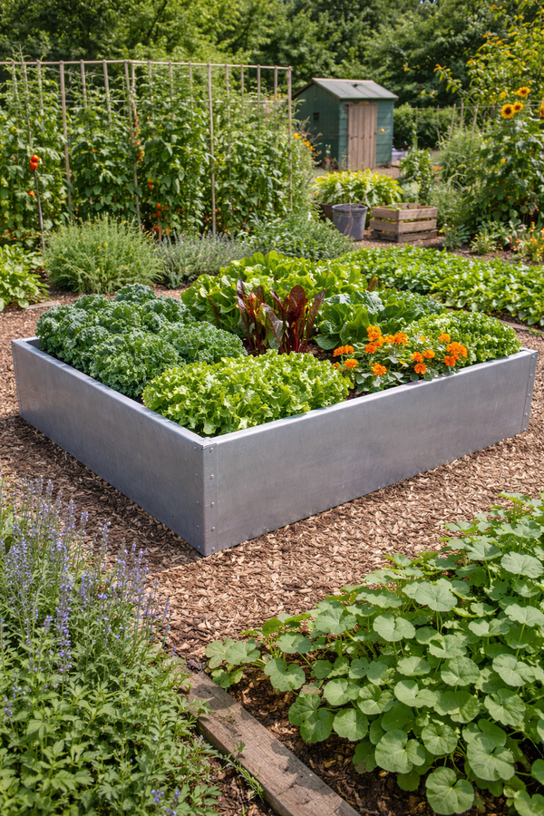 Vegetable garden with raised bed and various plants