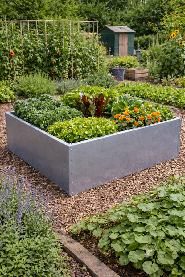 Vegetable garden with raised bed and various plants