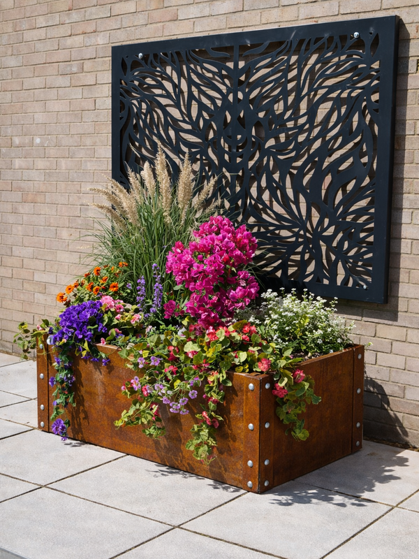 Decorative metal wall panel with floral planter below on a brick wall background