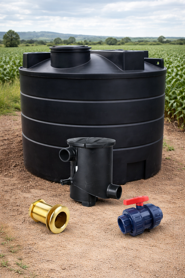 Large black agricultural water storage tank with accessories on a dirt surface with a field in the background