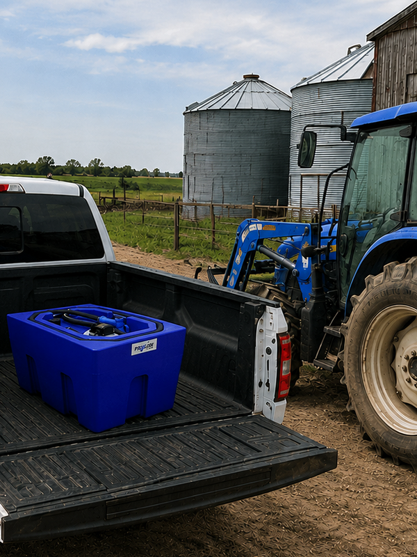 AdBlue trasnfer tank on the back of truck next to tractor