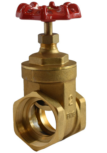 2'' Brass gate valve with red handle on a white background