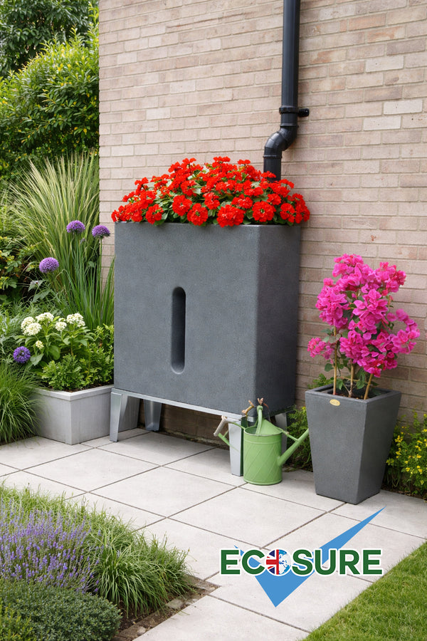 Milstone rain barrel with plants on a patio, featuring the Ecosure brand.
