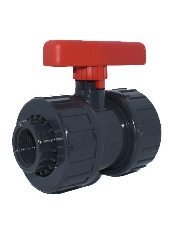 Black ball 3/4 pvc valve with red handle on a white background
