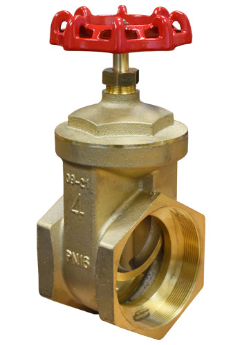Brass gate valve with red handle on a white background