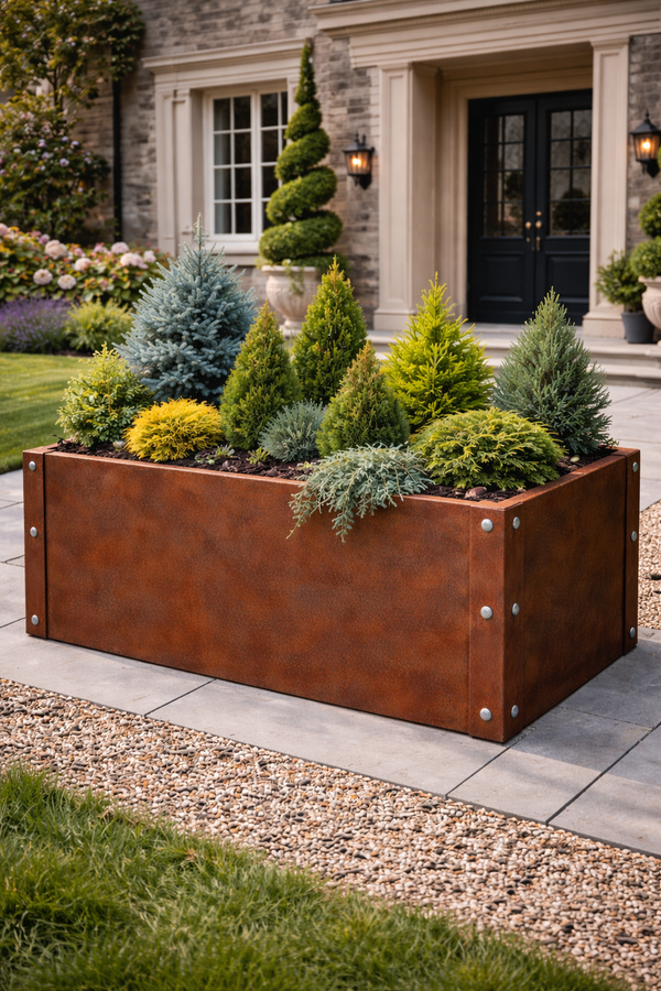 Decorative corten steel garden planter with greenery in front of a house