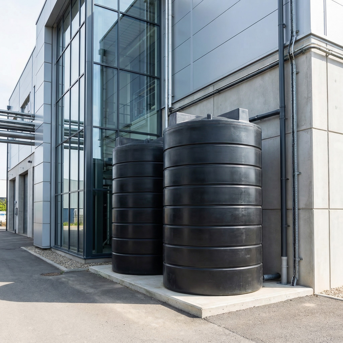 Two large 25000 litre cylindrical tanks outside a modern building.