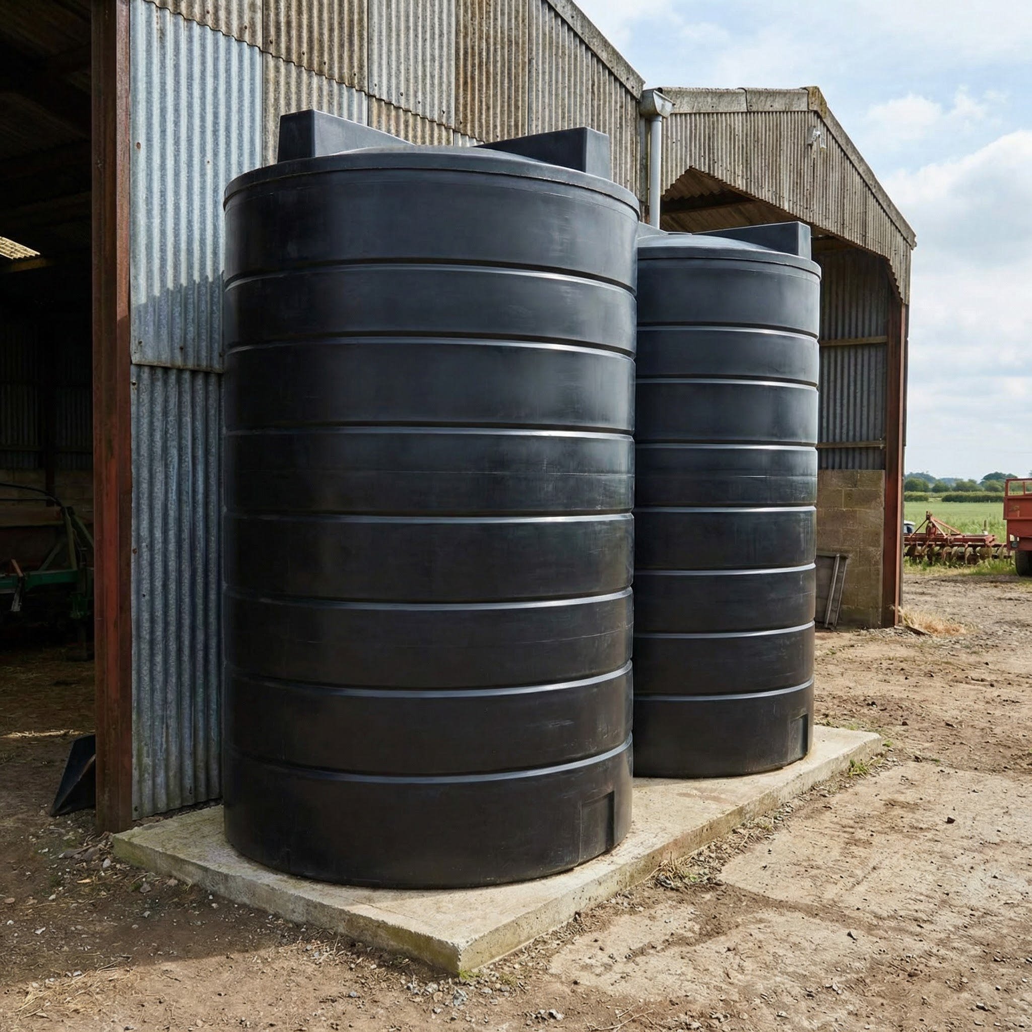 50,000 litre (2 x 25,000) water tanks against an agricultural building in an outdoor setting.