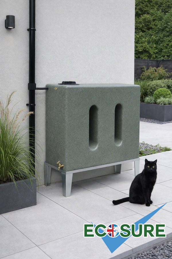500 litre Green marble water butt with a black cat sitting next to it on a patio.