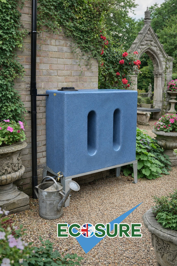 Blue rainwater harvesting tank in a garden setting with 'Ecosure' branding.