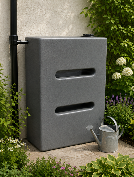 Gray water butt next to a garden with plants and a watering can.