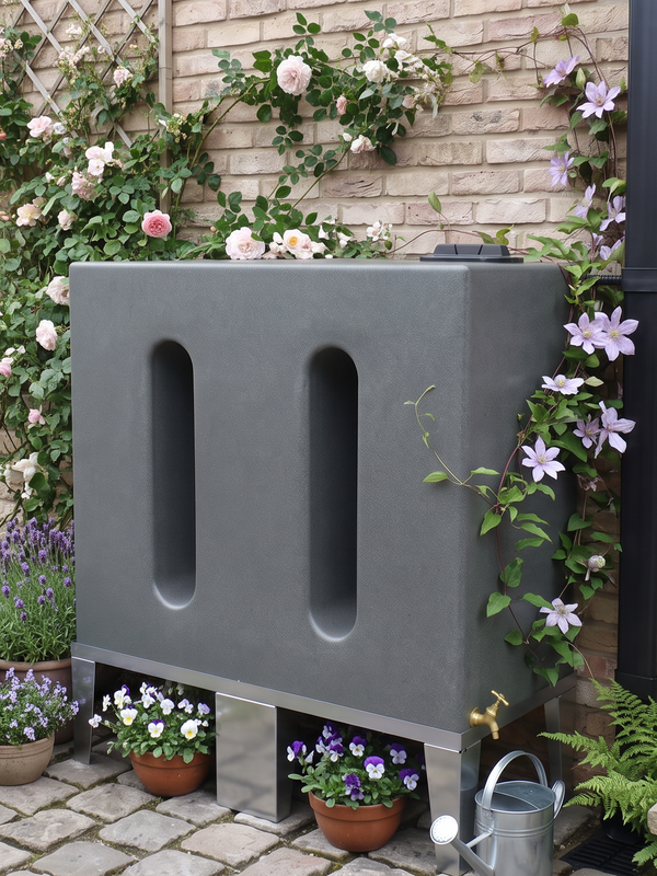 A large Milstone rain barrel in a garden courtyard against a brick wall with climbing flowers and potted plants.