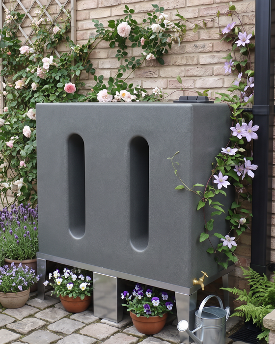 A large Milstone rain barrel in a garden courtyard against a brick wall with climbing flowers and potted plants.