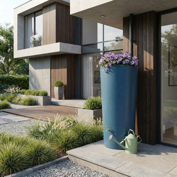 Blue rainwater harvesting tank with flowers in front of a modern house