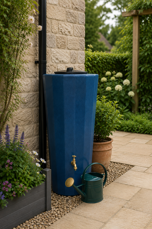 Blue rainwater harvesting tank next to a stone wall with a garden in the background