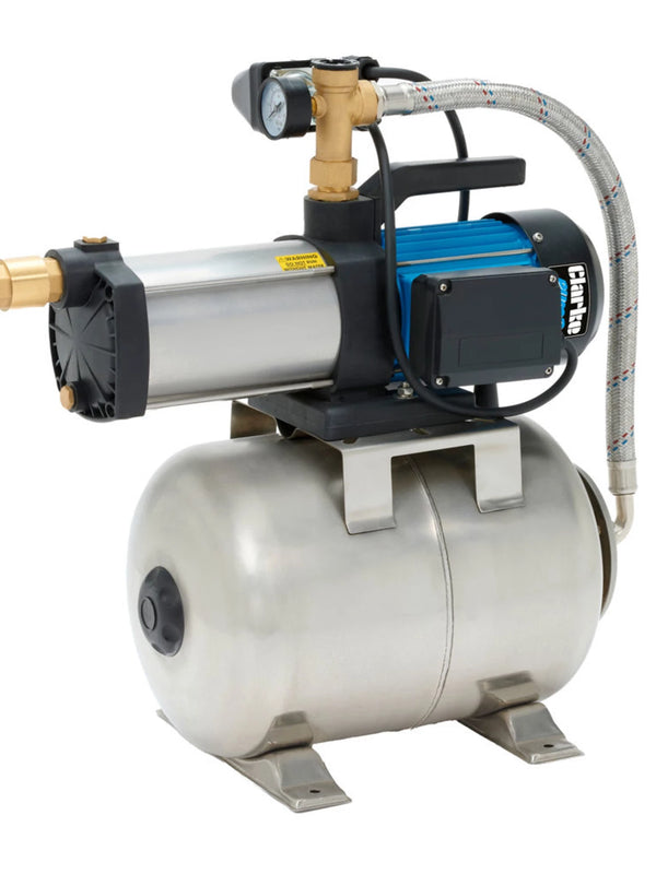 Water pump with a cylindrical tank on a white background