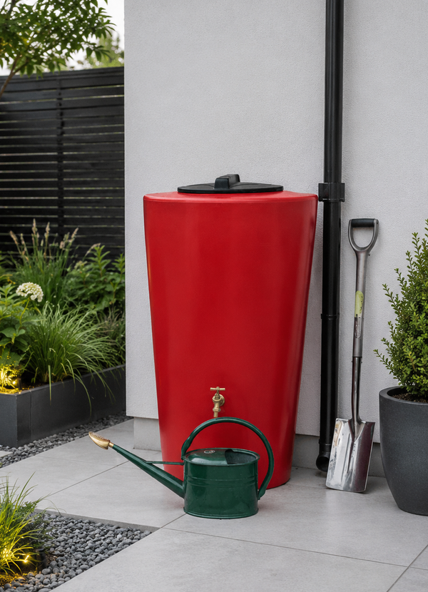 Red rainwater harvesting tank with a green watering can on a patio