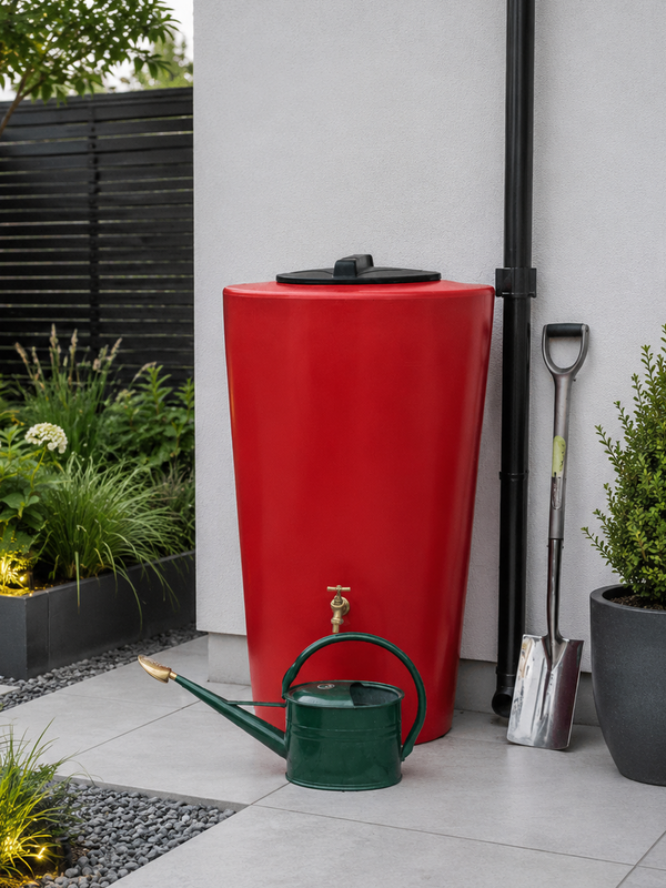 Red rainwater harvesting tank with a green watering can on a patio