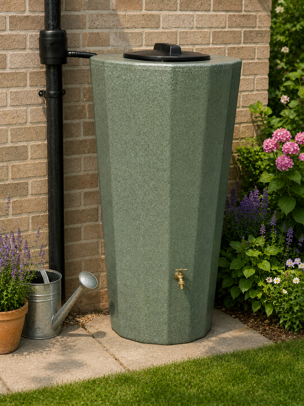 Green rainwater harvesting tank next to a brick wall with plants and a watering can.