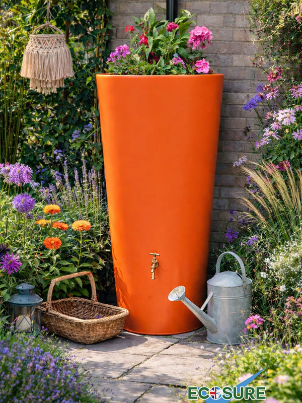 Orange rain barrel with plants in a garden setting, featuring the brand 'EcoSure'.