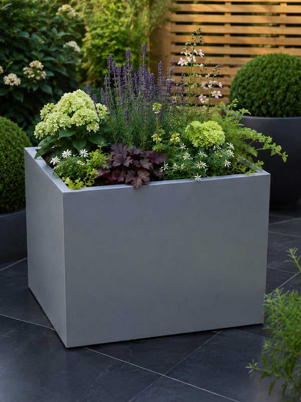 Galvanised rectangular planter with green plants on a dark stone patio