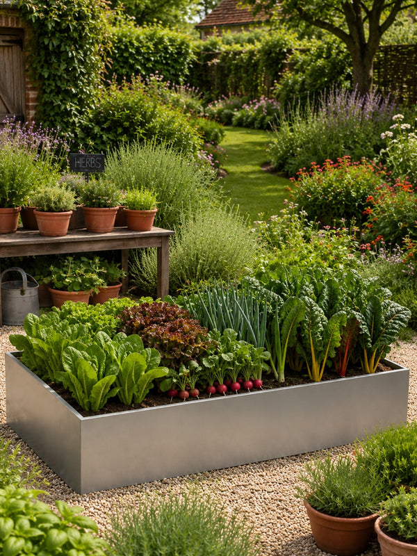 Garden with raised bed containing leafy greens and herbs, surrounded by potted plants and flowers.