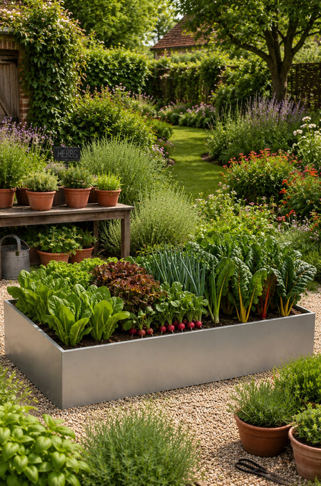 Garden with raised bed containing leafy greens and herbs, surrounded by potted plants and flowers.