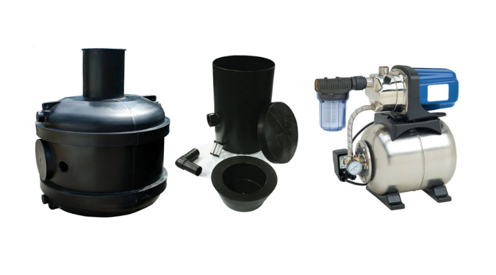 supercomplete rainwater harvesting system with filter and water pump.