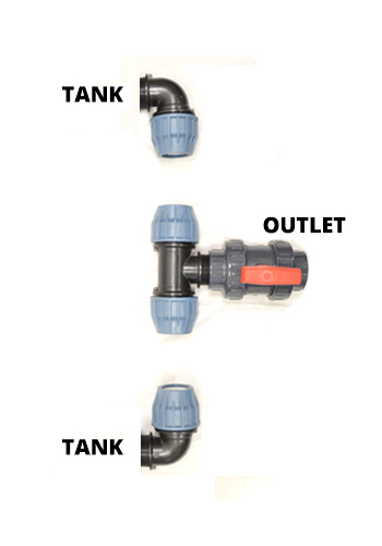 Piping system with labeled tank and outlet on a white background