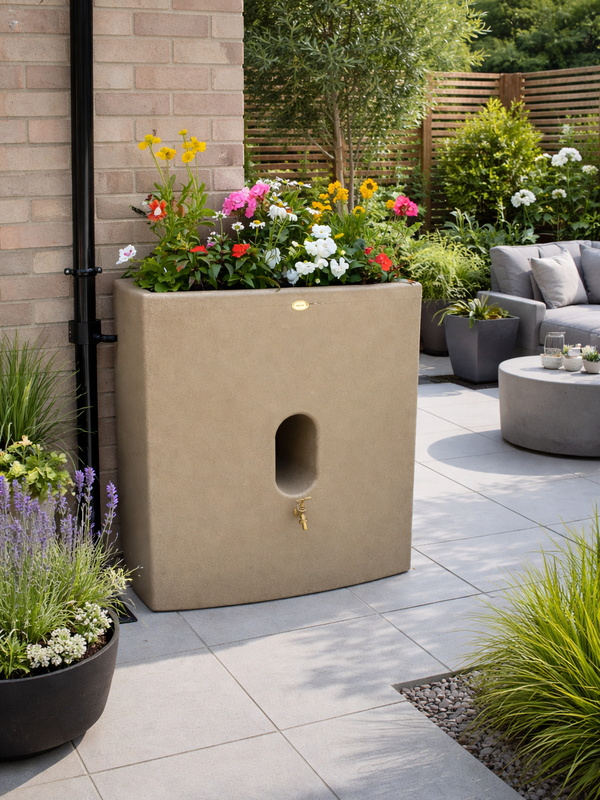 Sandstone Oasis Water Butt Planter with flowers in a modern garden