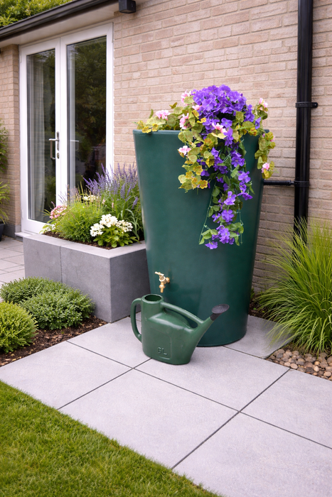 Green rain barrel/water butt with flowers and a watering can on a patio