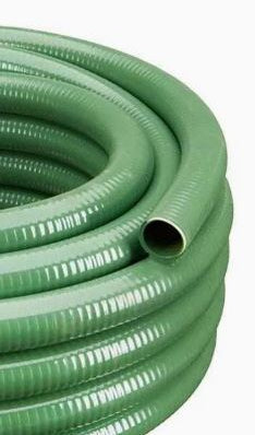 A coiled green corrugated garden hose on a plain white background.