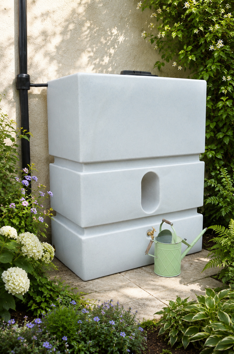 1200L White marble rainwater harvesting tank in a garden setting with plants and a watering can.