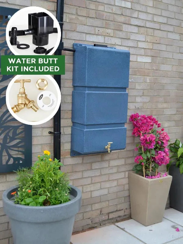 100 Litre Wall Mounted Water Butt with Tap and Diverter - Blue Stone