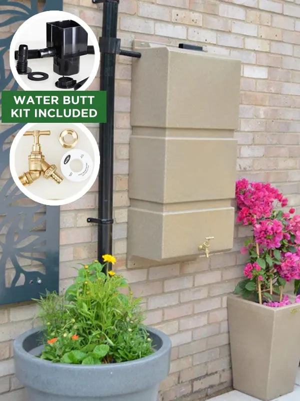 100 Litre Wall Mounted Water Butt with Tap and Diverter - Sandstone