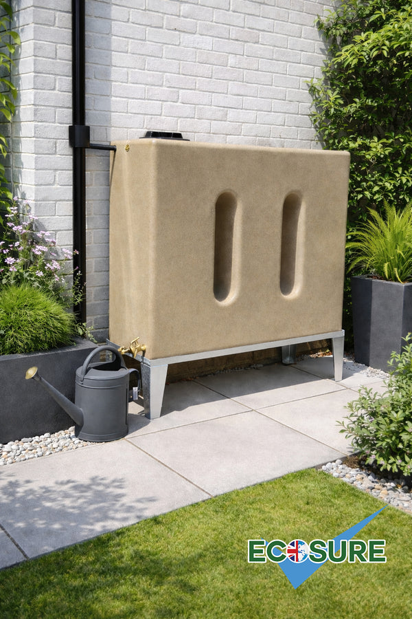 Outdoor garden scene with a sandstone water butt, plants, and a 'ECOSURE' logo.